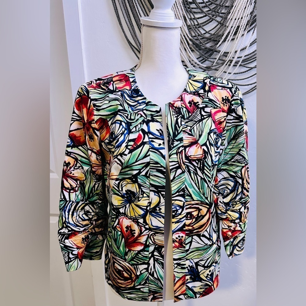 Coldwater Creek Floral Blue Yellow Red Jacket Art to Wear Size 10 EUC